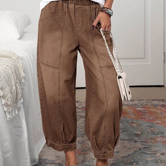 Coffee Brown Casual Women's Elastic Waist Loose Tapered Jeans - Picture 3 of 6